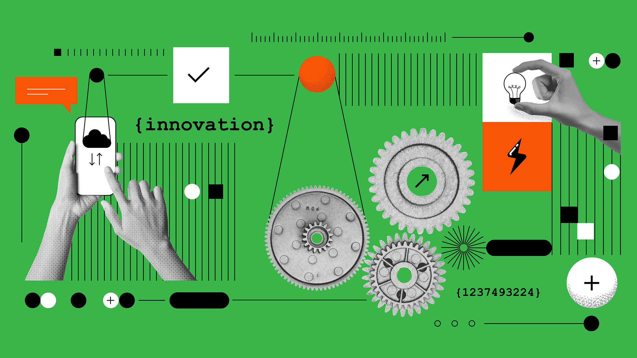 Illustration that includes several gears, a hand holding a small light bulb, numbers, sections of rulers, circles, in green, orange, black, white and gray colors.