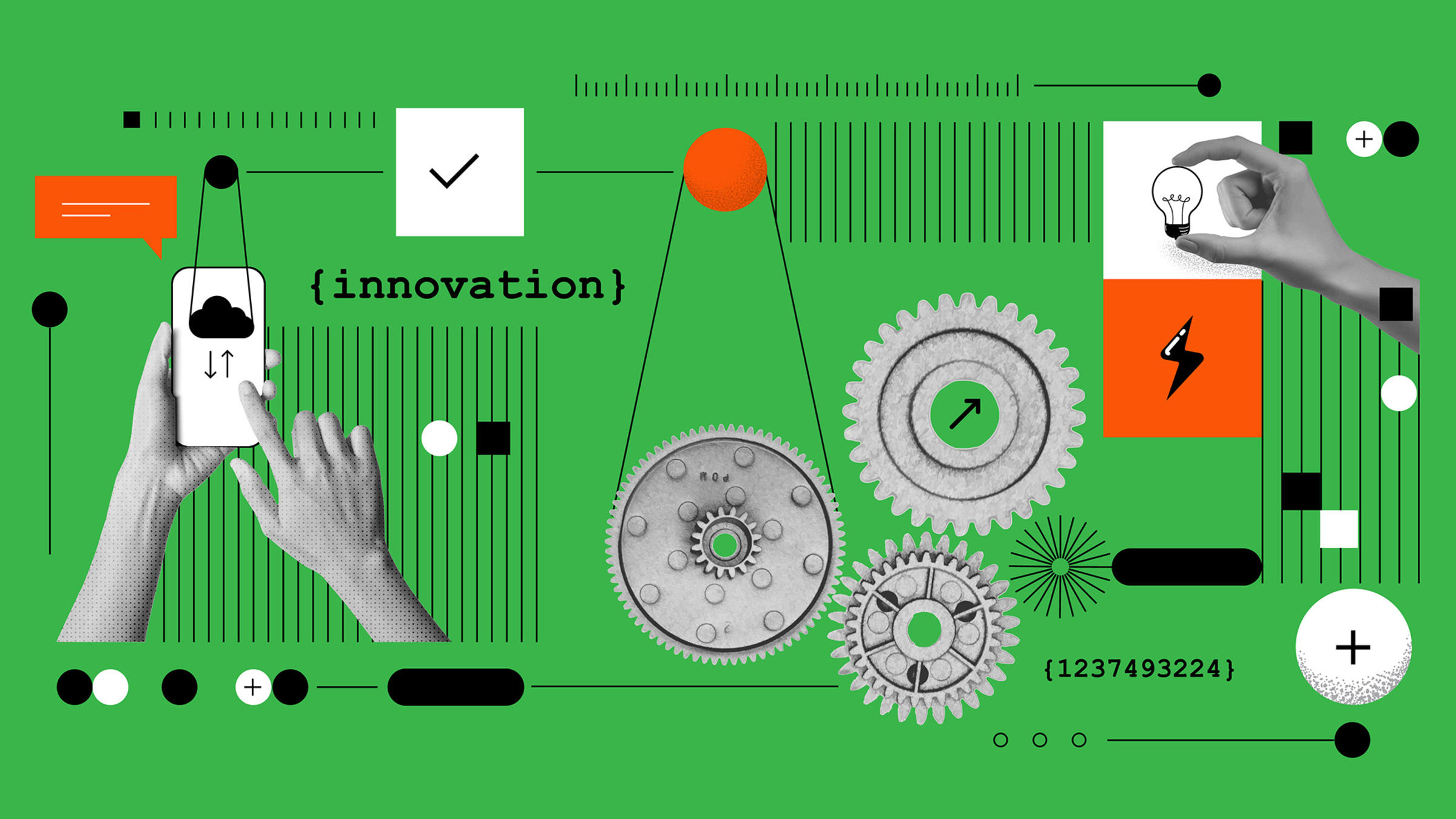 Illustration that includes several gears, a hand holding a small light bulb, numbers, sections of rulers, circles, in green, orange, black, white and gray colors.