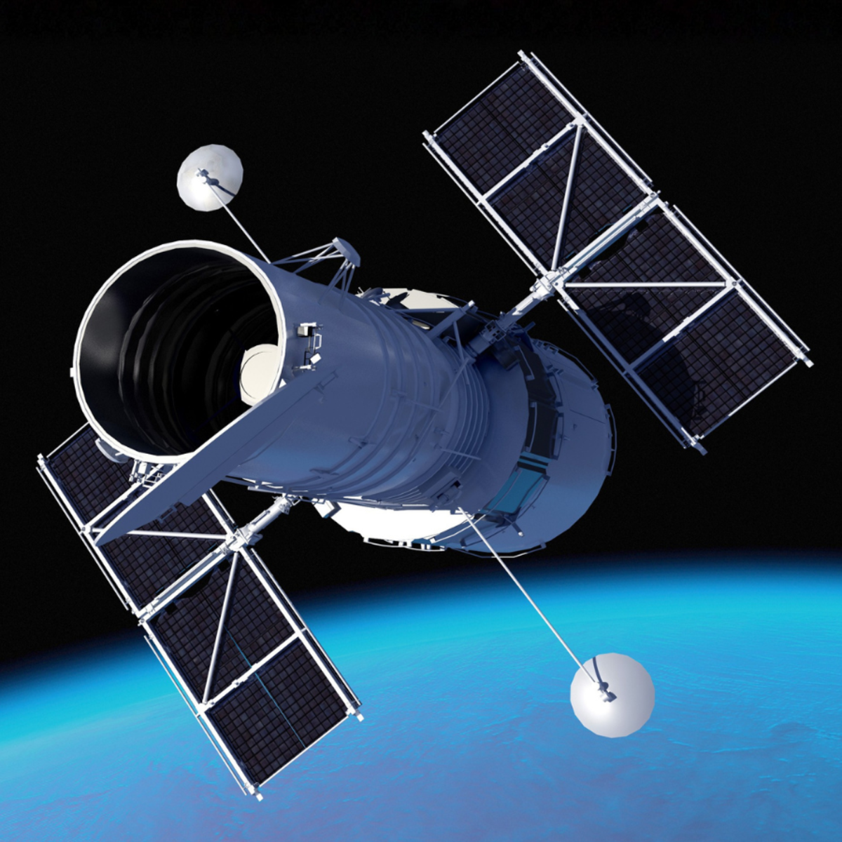 A photograph of the Hubble Space Telescope floating in outer space.