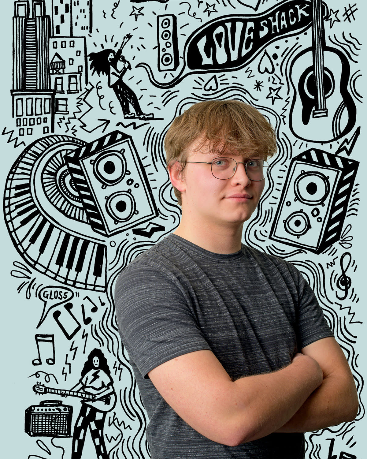 Portrait of Jan Slezka in front of a dynamic illustration