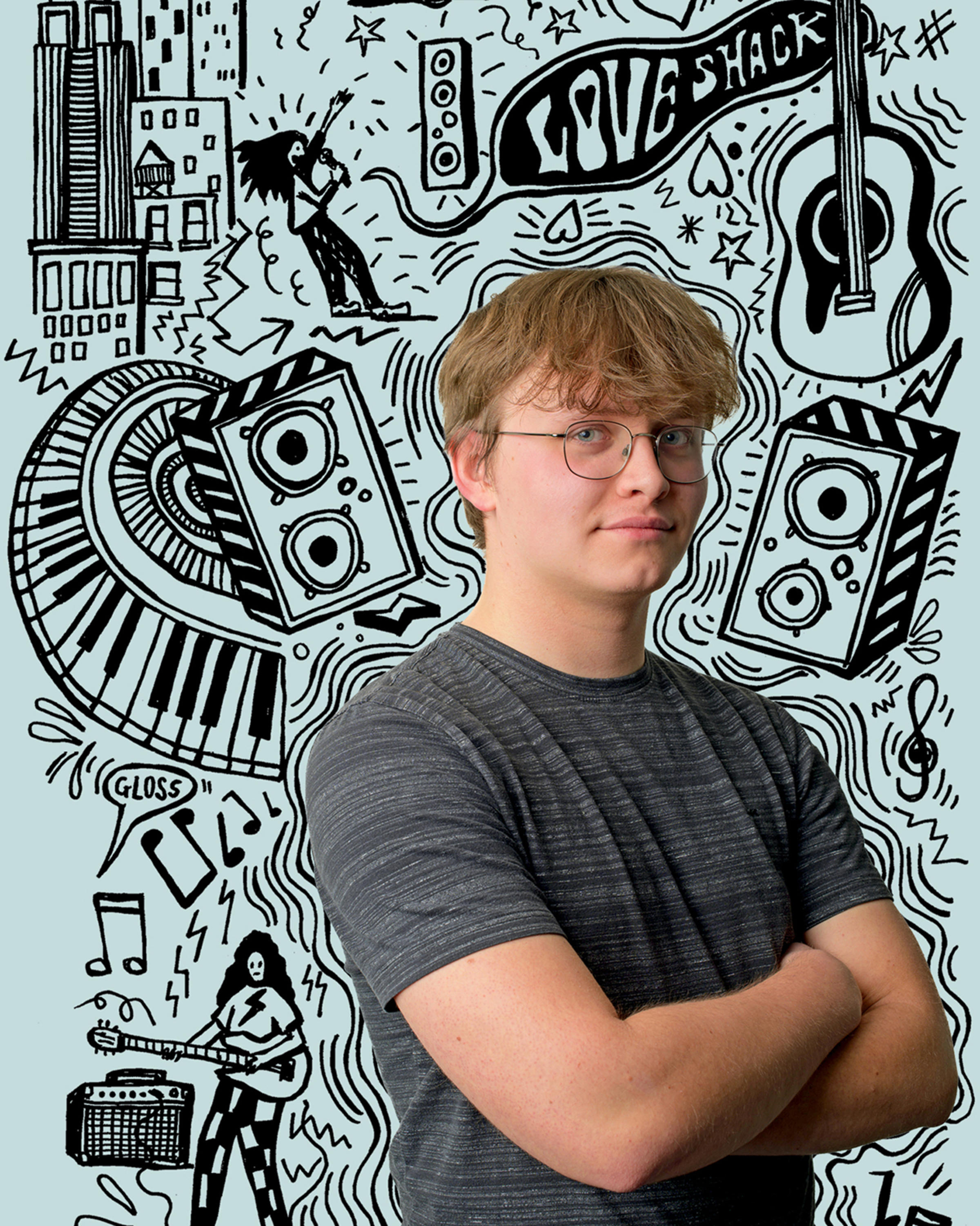 Portrait of Jan Slezka in front of a dynamic illustration