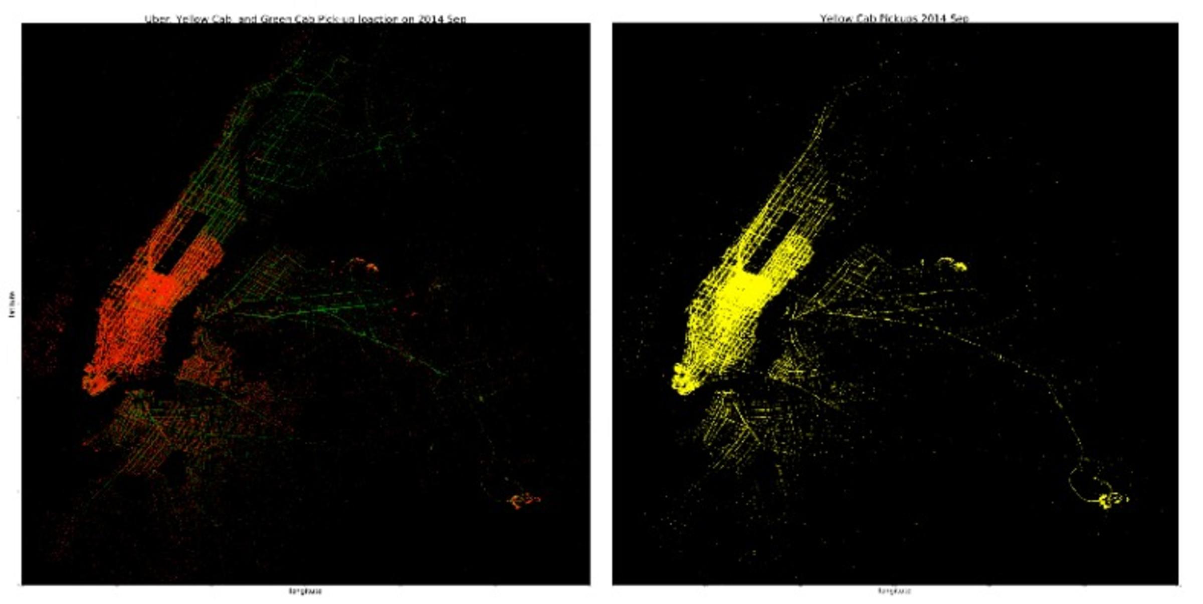 Yellow Cab, Green Cab and Uber pickup locations in New York City