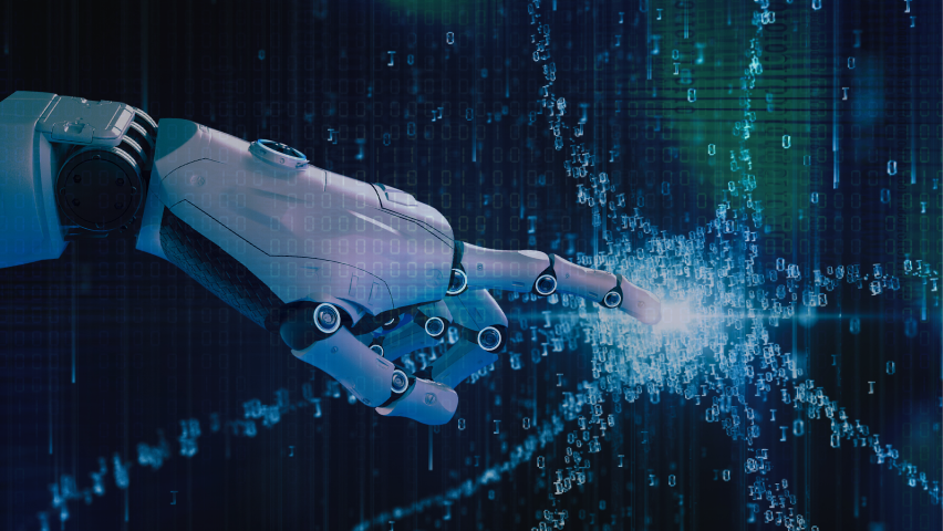 A robot hand touching a photon made of computer code