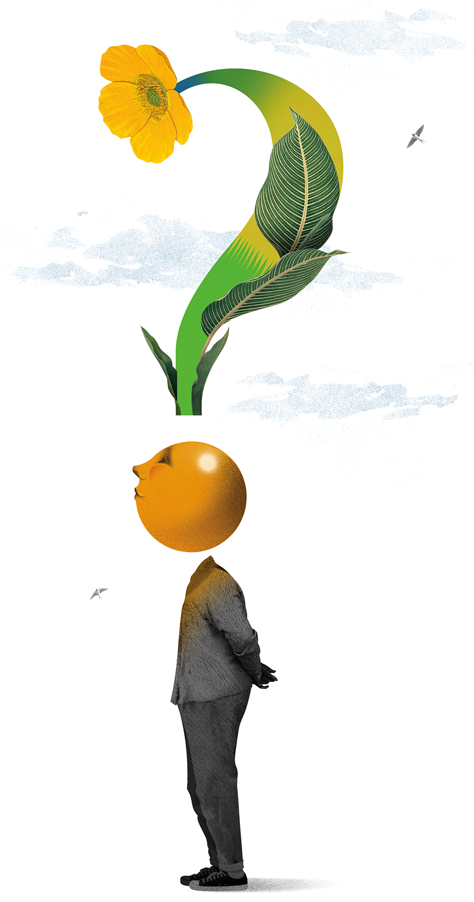 Collage illustraion of a person with an orange head that forms a question mark