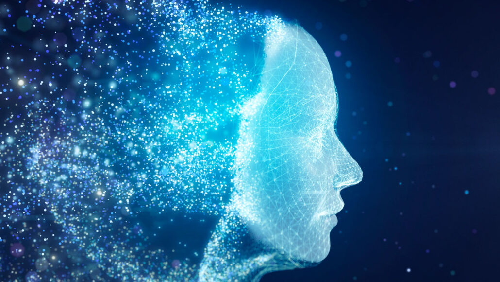 Digital artwork of face with back of head transitioning to light particles