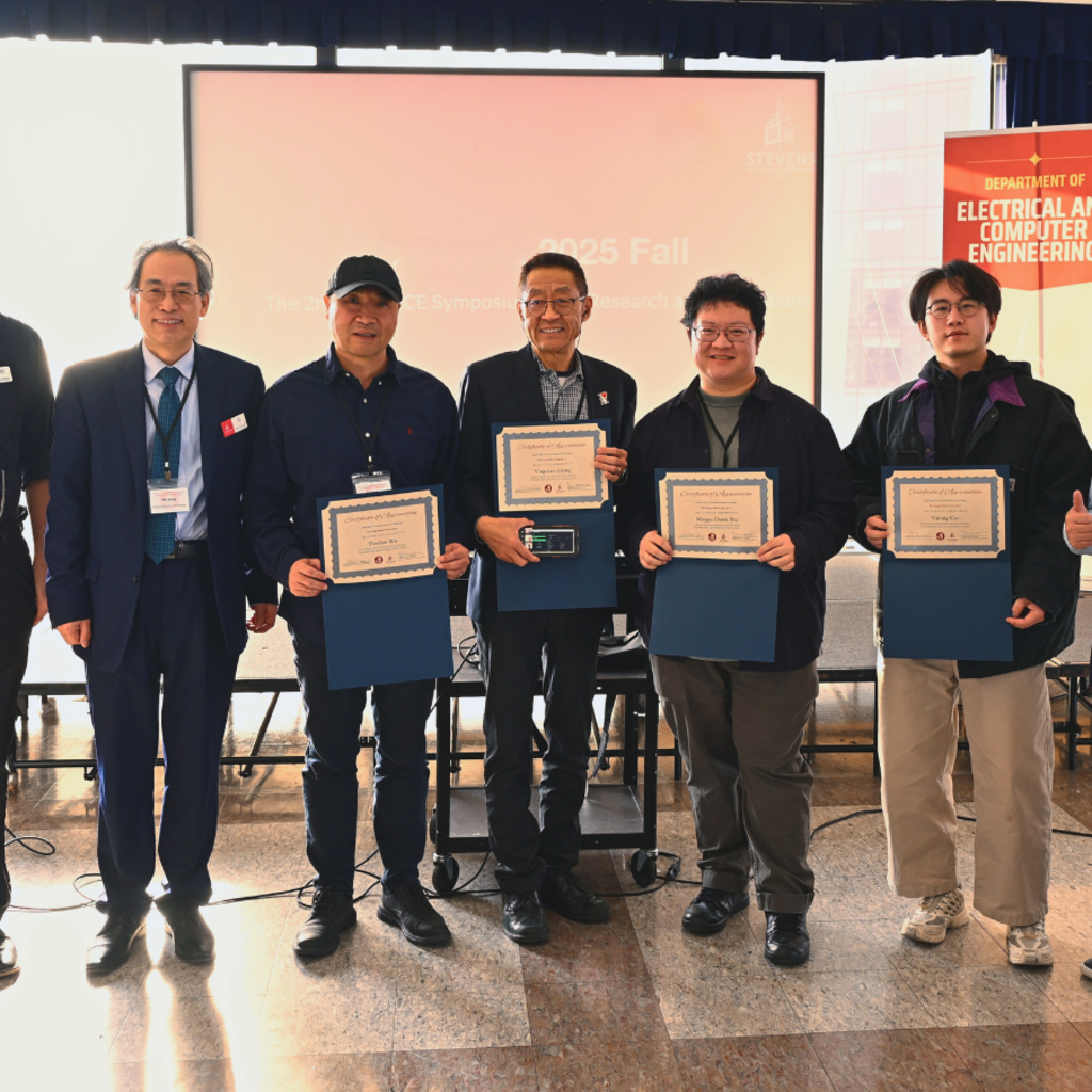 iCNS AI Engineering and Science Symposium speakers (from left) Joseph Helsing, Min Song, Tianhao Wu, Yingchao Zhang, Mingyu Derek Ma, Yulong Cao, Hao Wang and Jessica Gruich standing in front of a stage and podium.