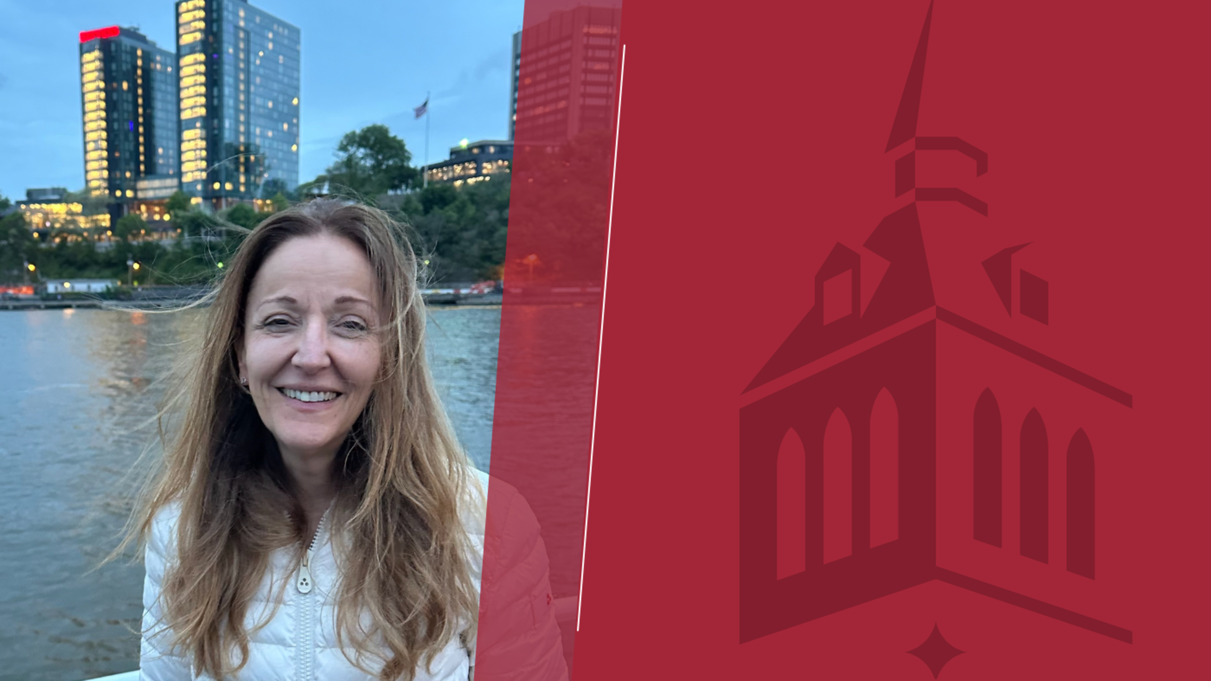 A photo of Paola DiMarzio in front of the Stevens skyline.