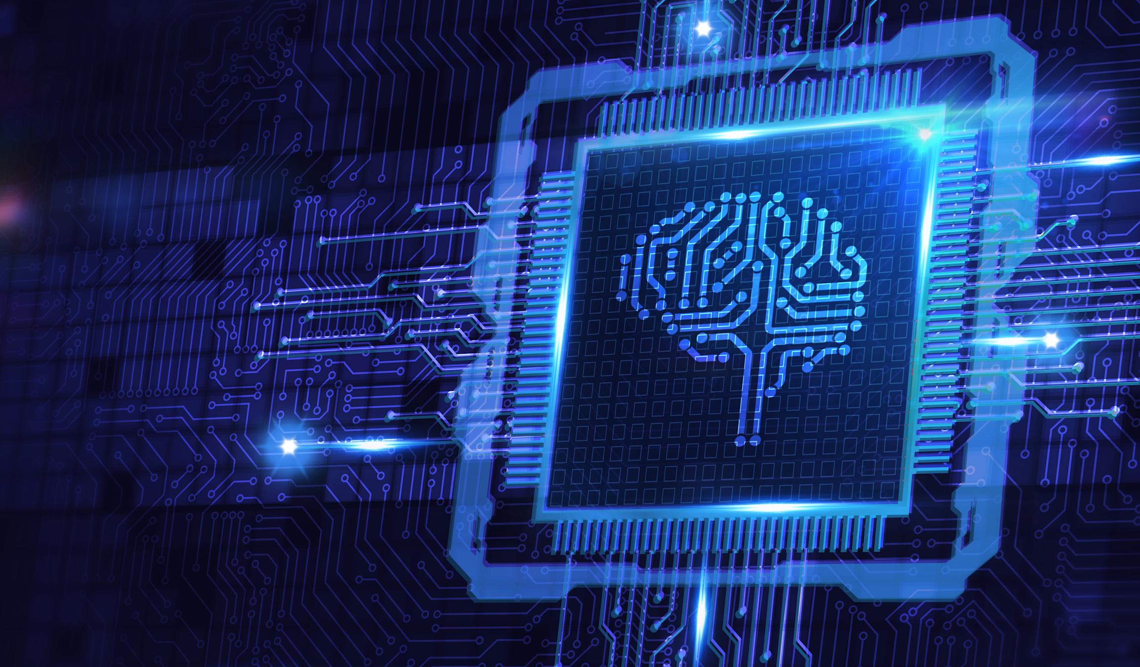 Abstract image of computer CPU with illustration of brain printed on it