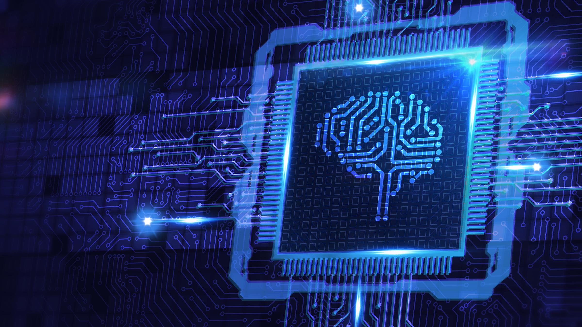 Abstract image of computer CPU with illustration of brain printed on it