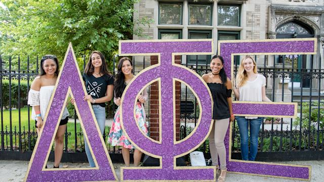 Female Greek Life students with letters
