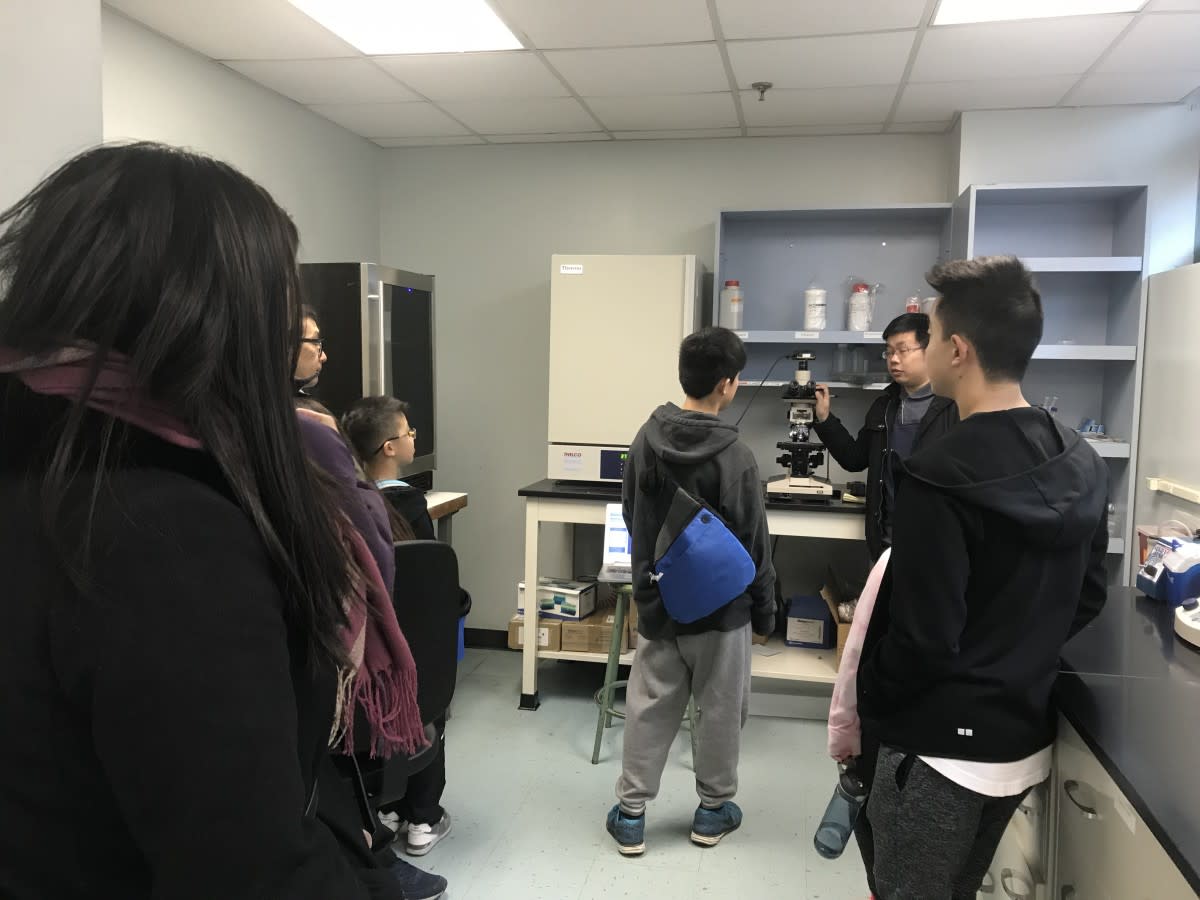 CAA students watching Stevens presentation in Lee's lab