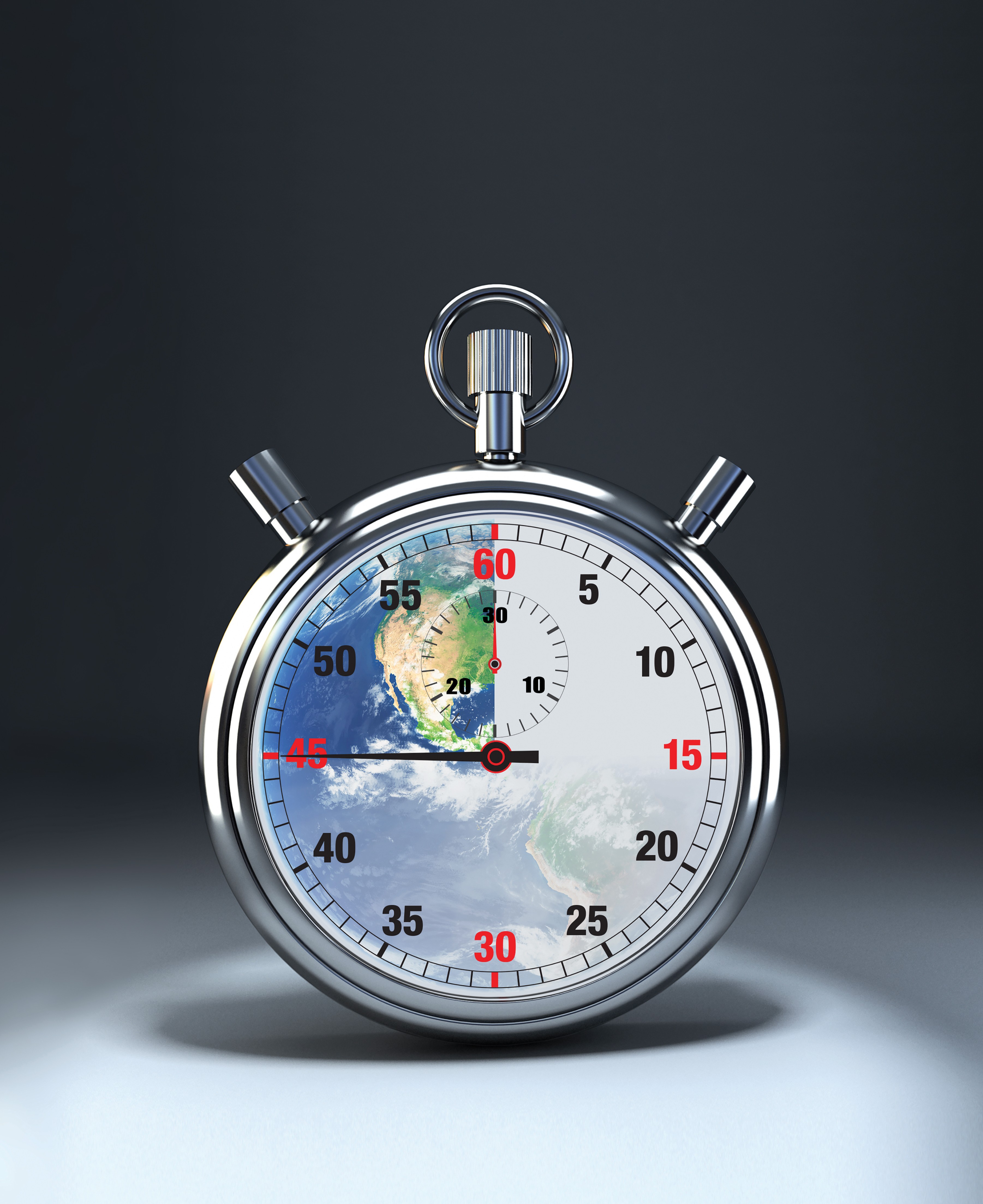 Stopwatch with earth in face showing 15 minutes left