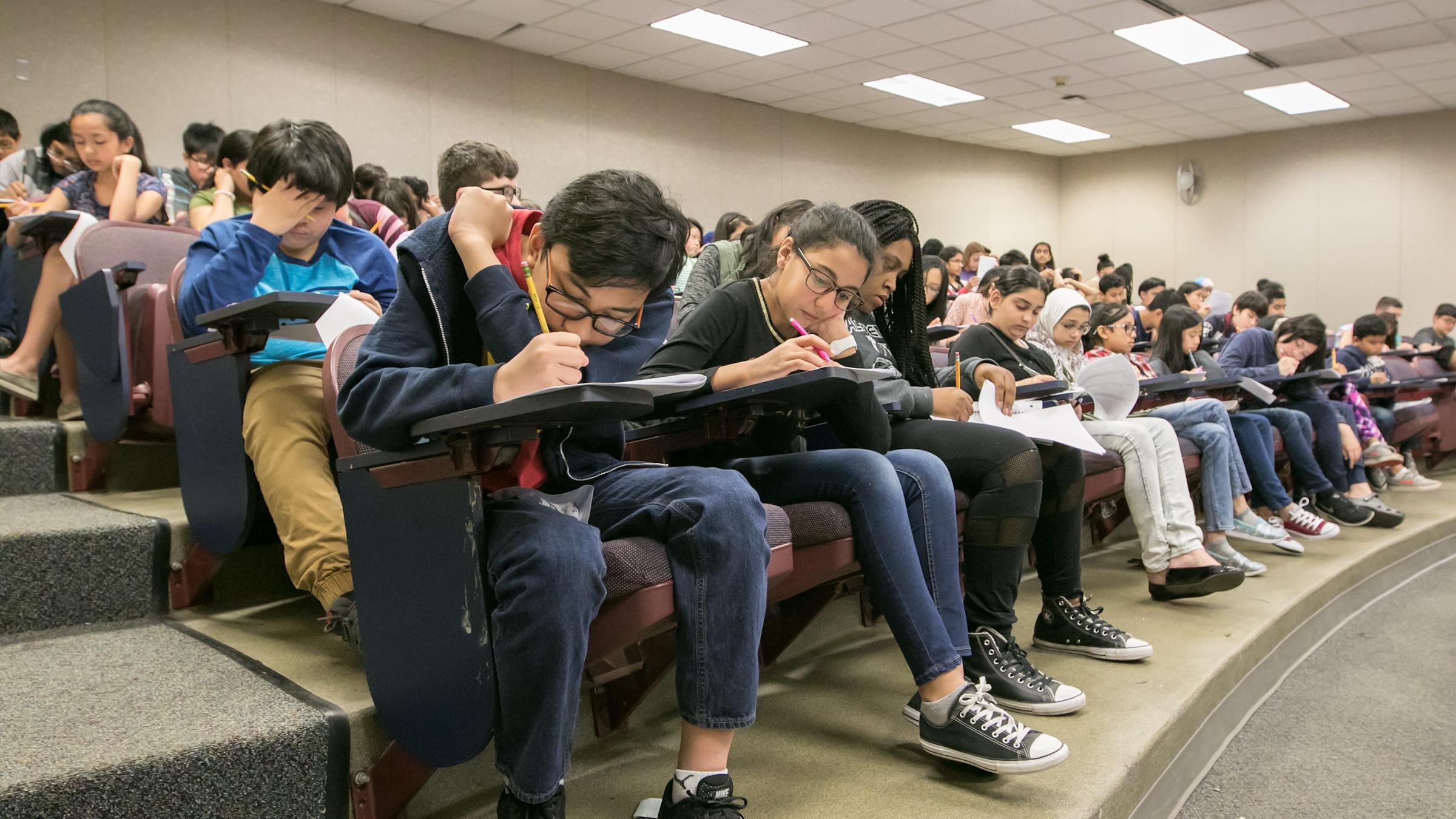 Students in a lecture hall doing math