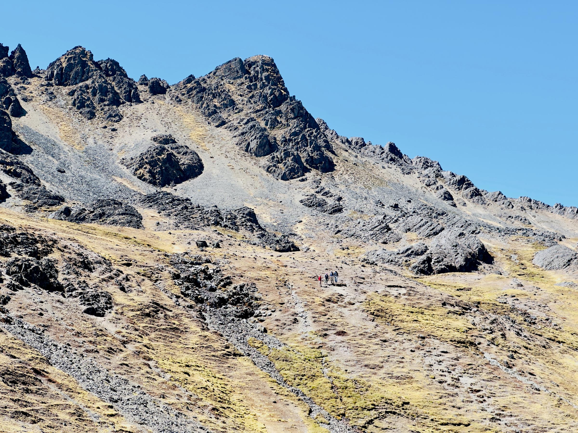 Students trek agross a rocky landscape in Peru.