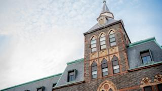 A close up of the spires on the EAS Building.