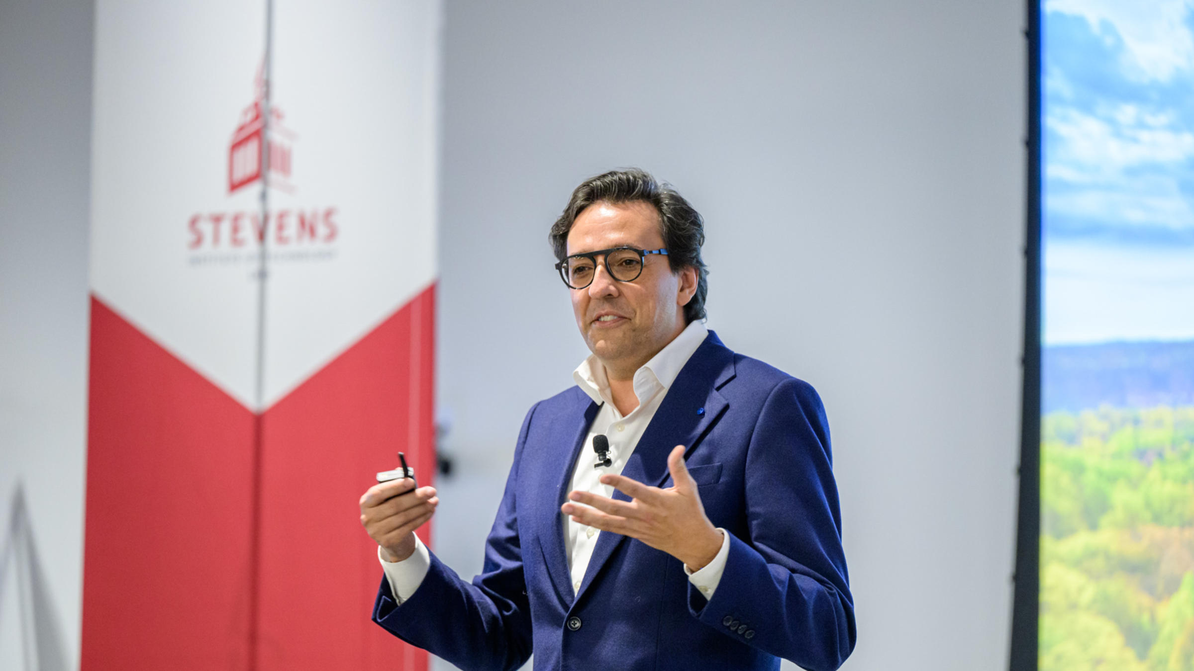 IBM Research Director Dario Gil speaking on stage at Stevens in fall 2024