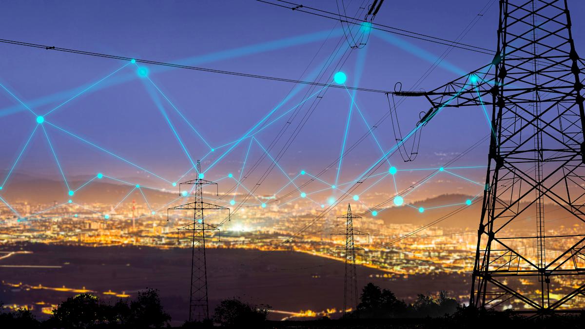 Landscape of city with power lines sending a grid of interconnecting lines