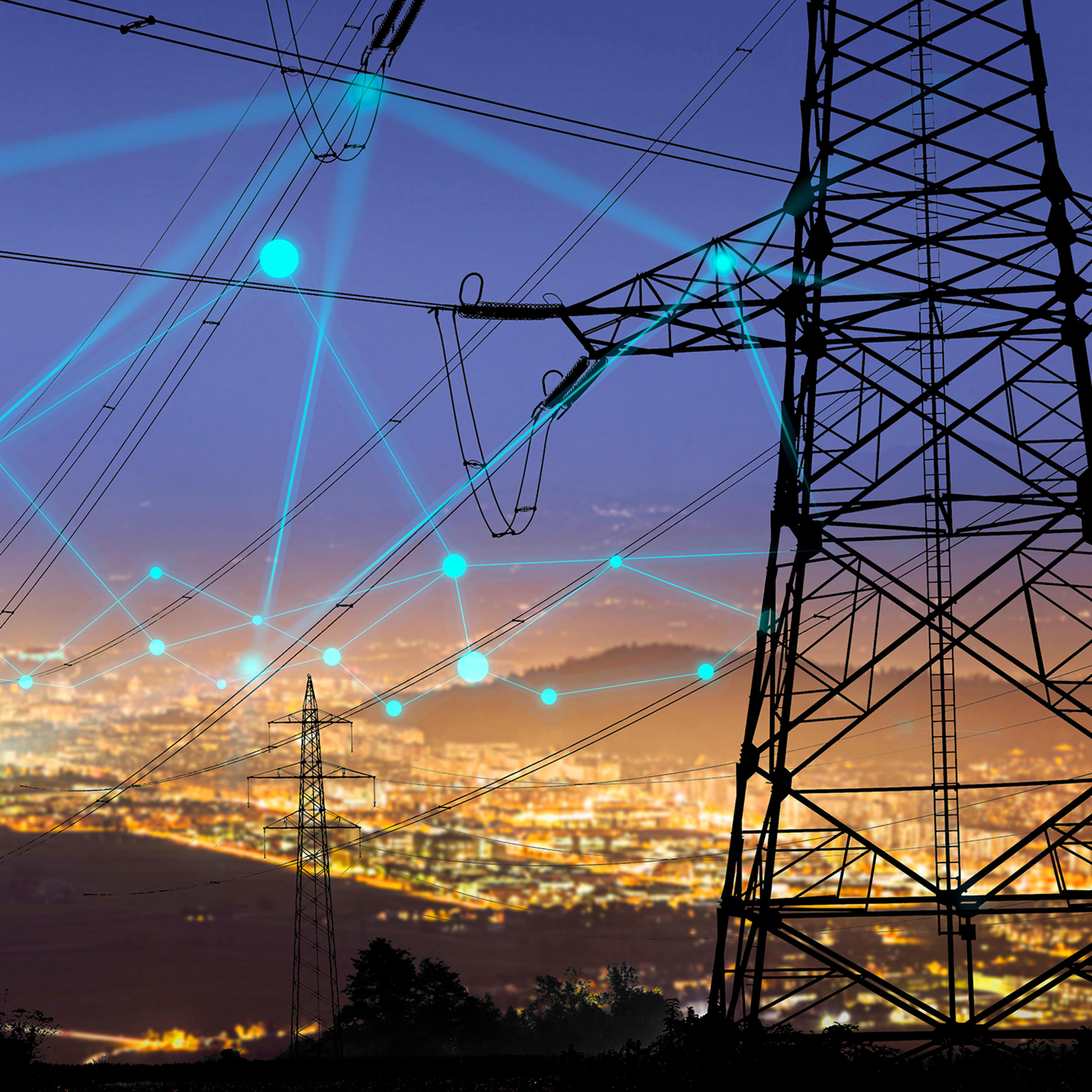 Landscape of city with power lines sending a grid of interconnecting lines