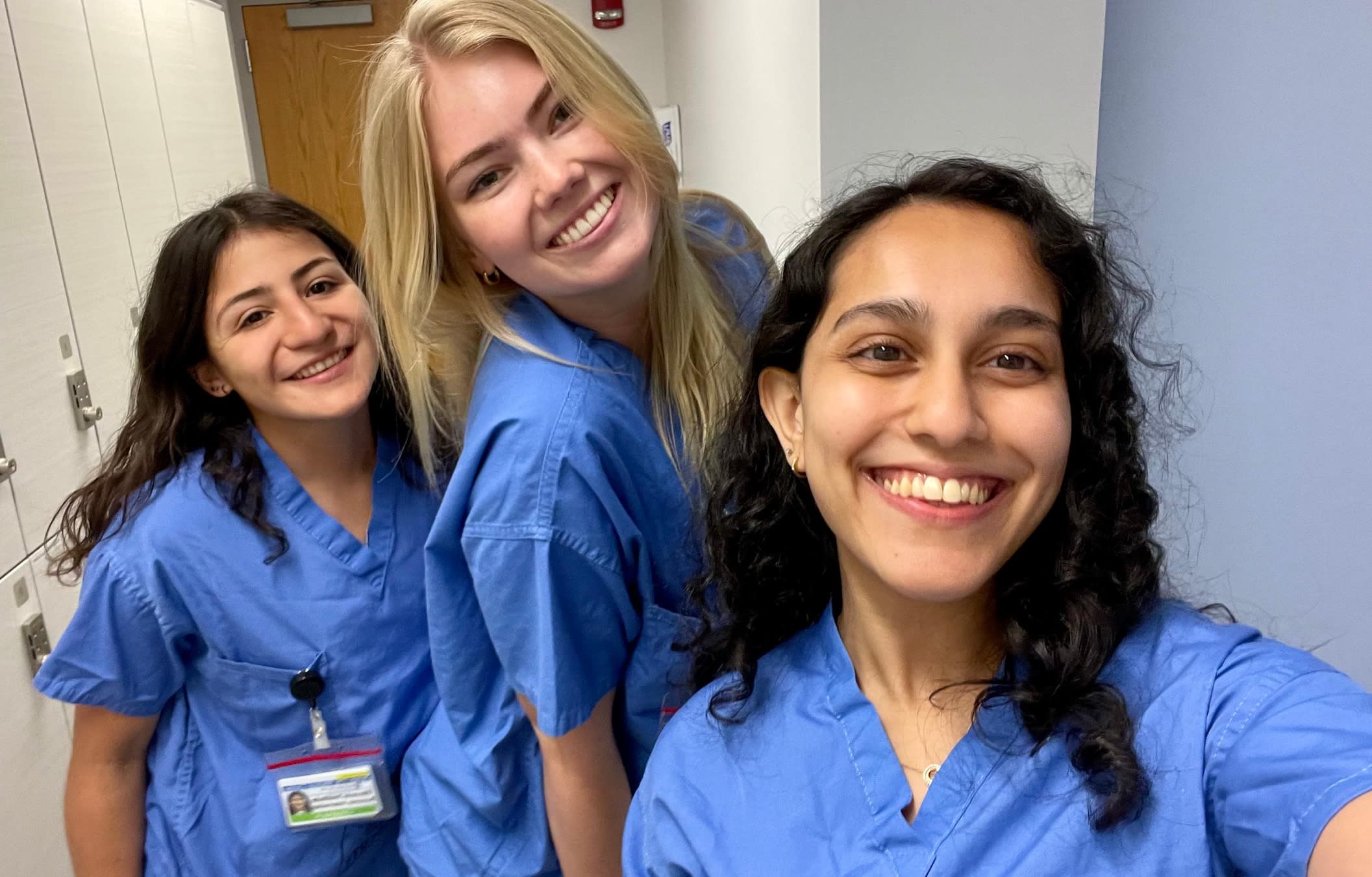 From left to right: Catalina Abusada ’24, Sophia Mains '23 and Vrinda Modi ’25, Stevens undergraduates thrive in third year of OB-GYN internship with Jersey City Medical Center.