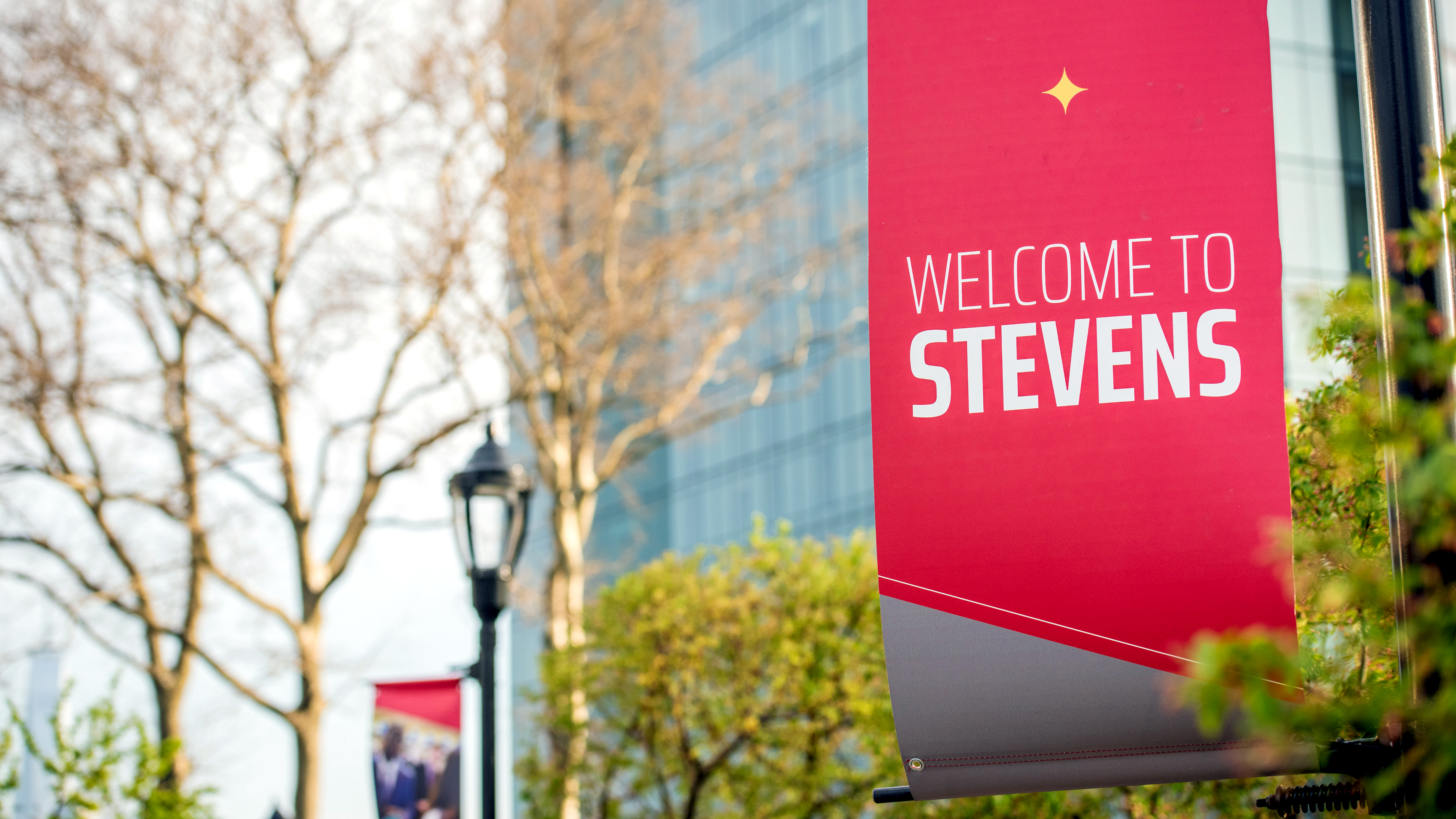 View of Stevens campus with banner reading "Welcome to Stevens".