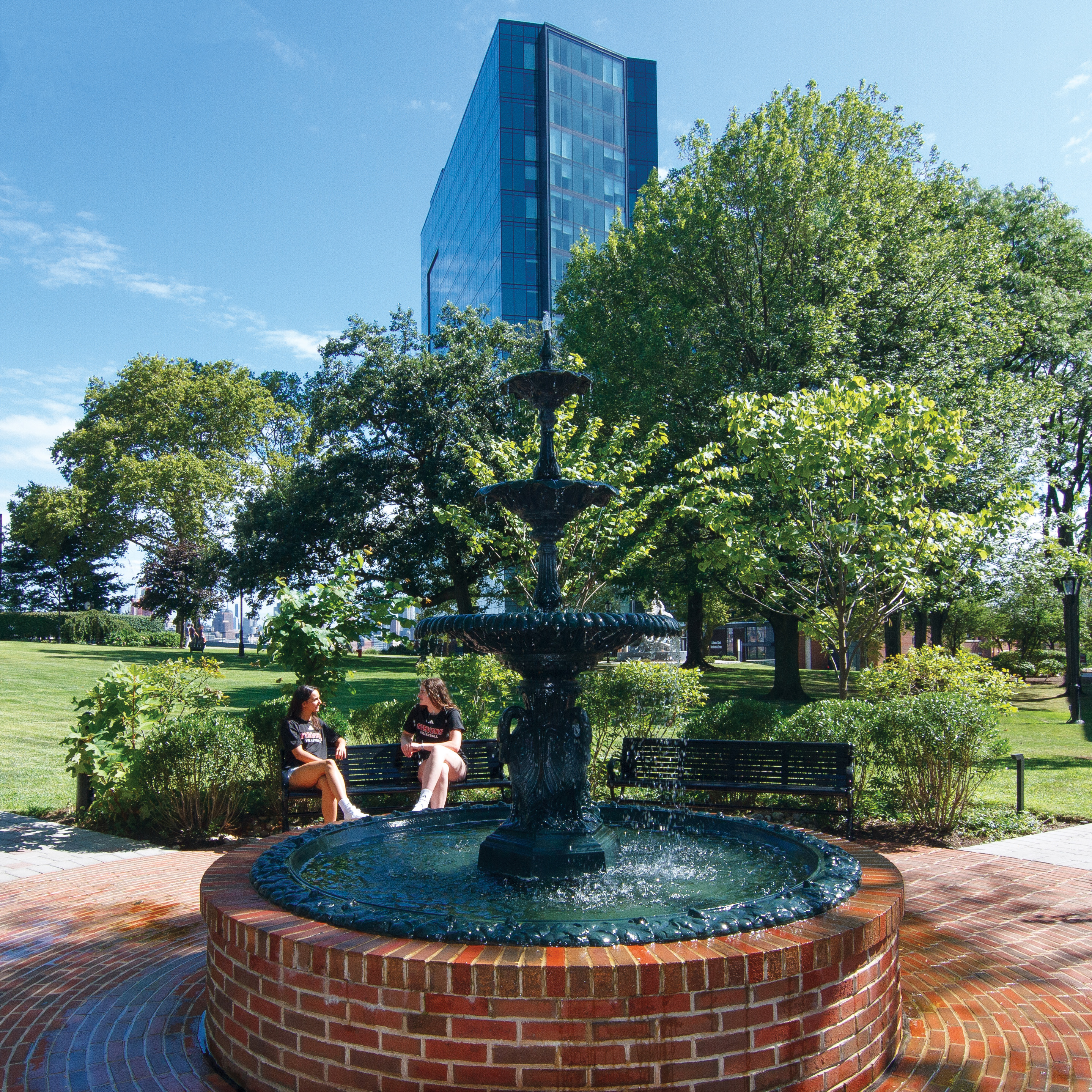 Three tiered fountain on campus, approximately 6 feet tall.