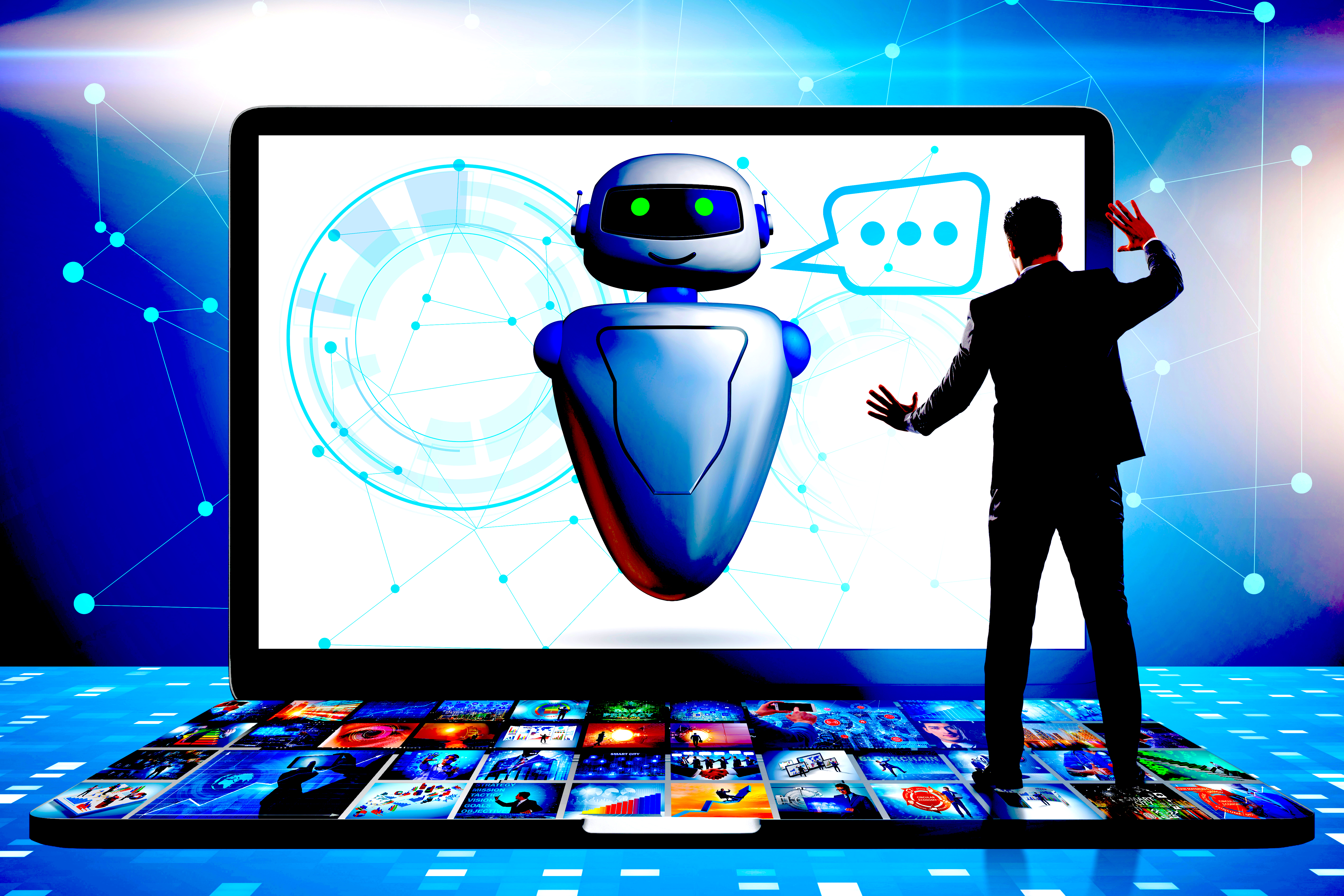 cartoon of businessman chatting with chatbot