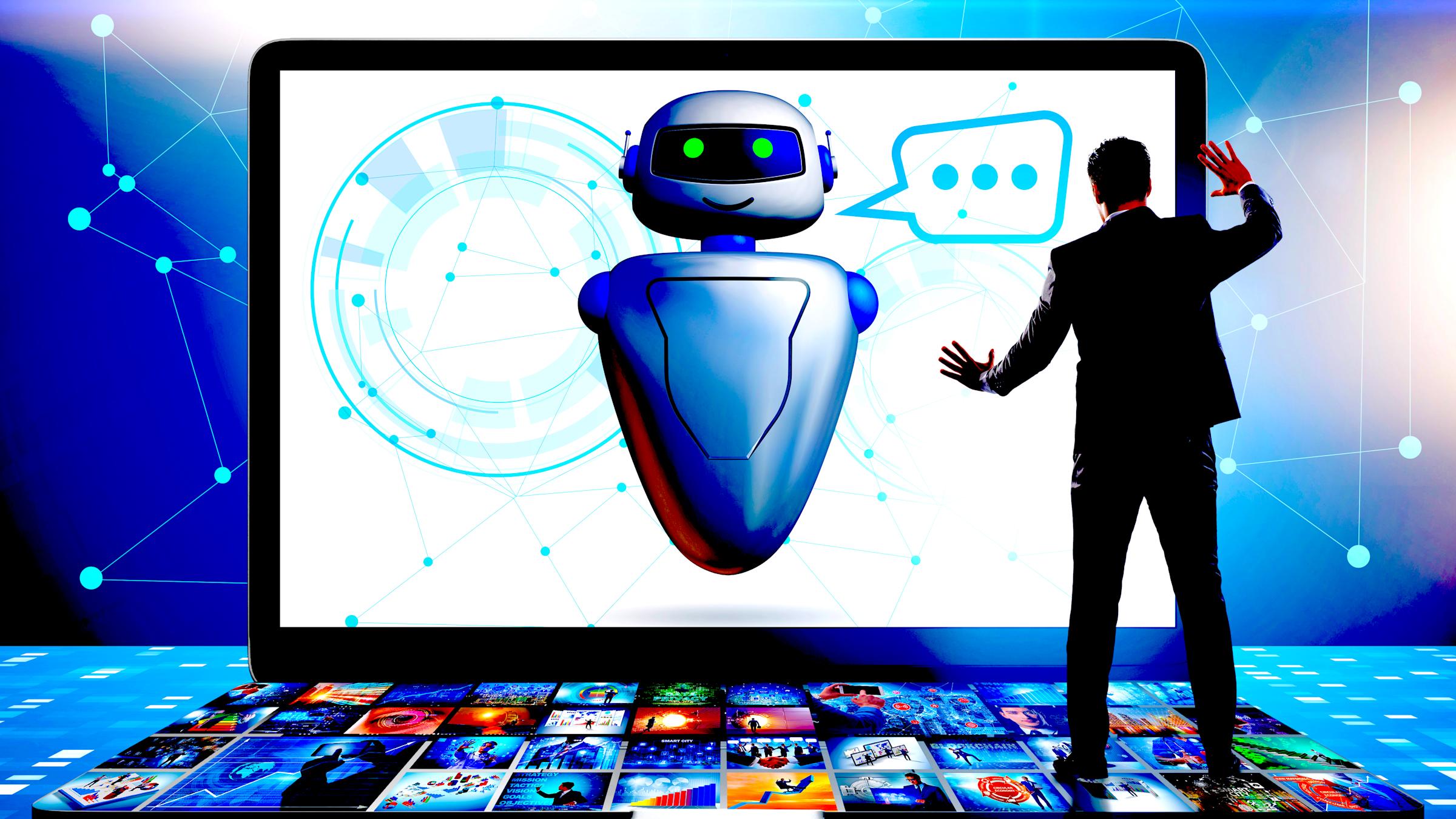 cartoon of businessman chatting with chatbot