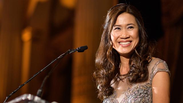Woman speaks at podium at the Stevens Awards Gala