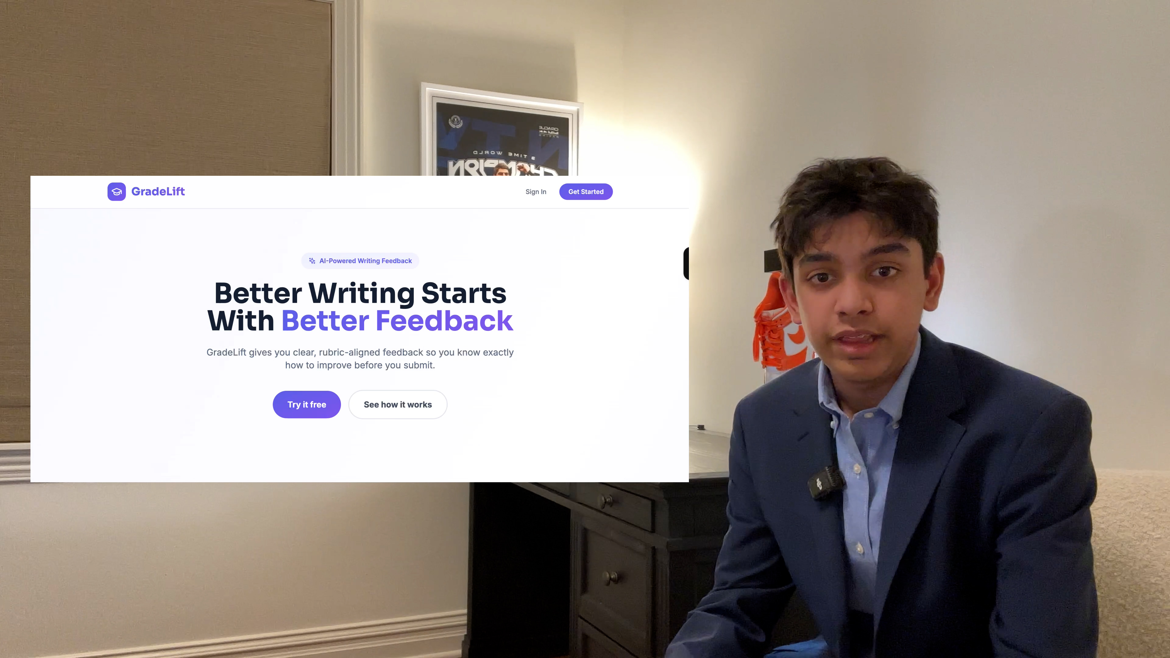 A young professional in a navy blazer and light blue shirt presents during a video call, with the GradeLift website visible on screen showing their AI-powered writing feedback platform. 