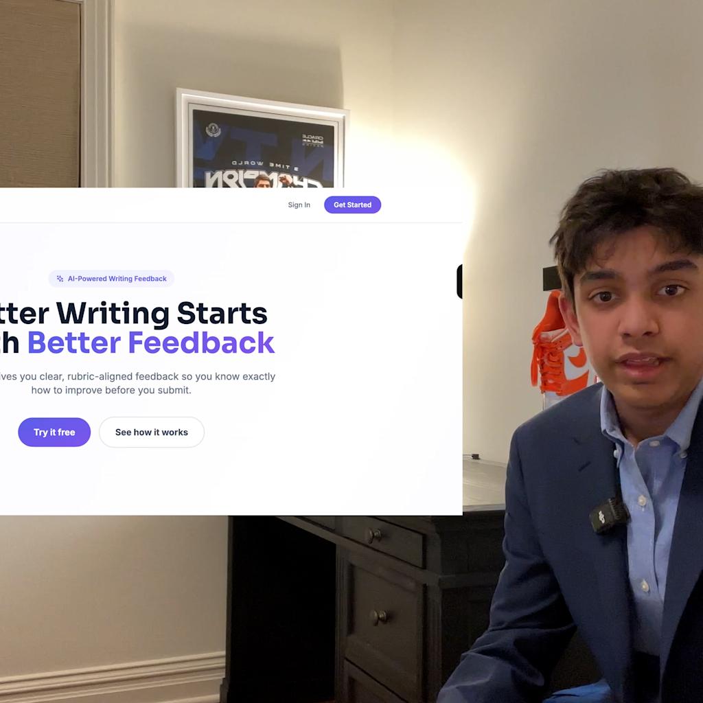 A young professional in a navy blazer and light blue shirt presents during a video call, with the GradeLift website visible on screen showing their AI-powered writing feedback platform.