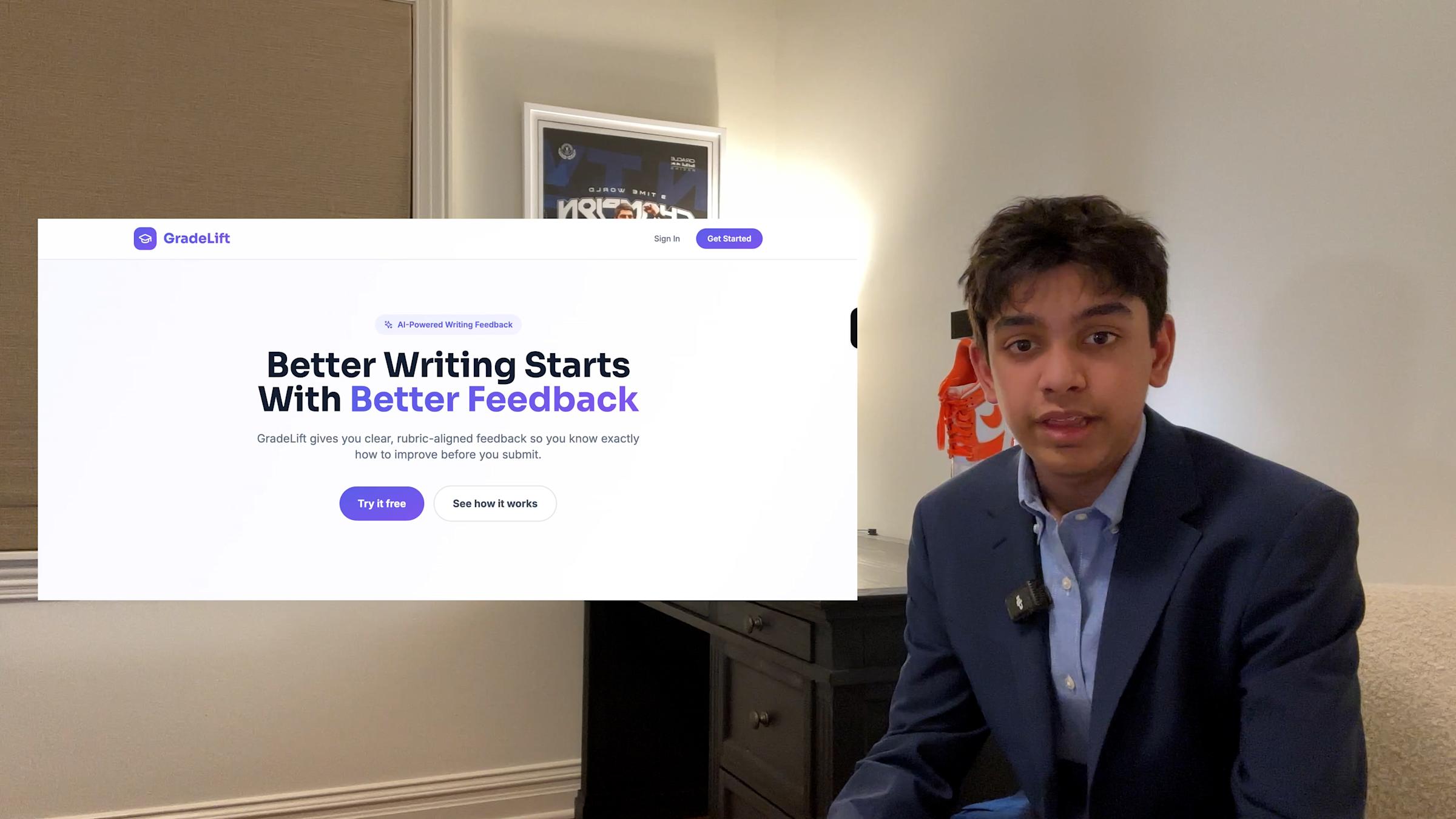 A young professional in a navy blazer and light blue shirt presents during a video call, with the GradeLift website visible on screen showing their AI-powered writing feedback platform.