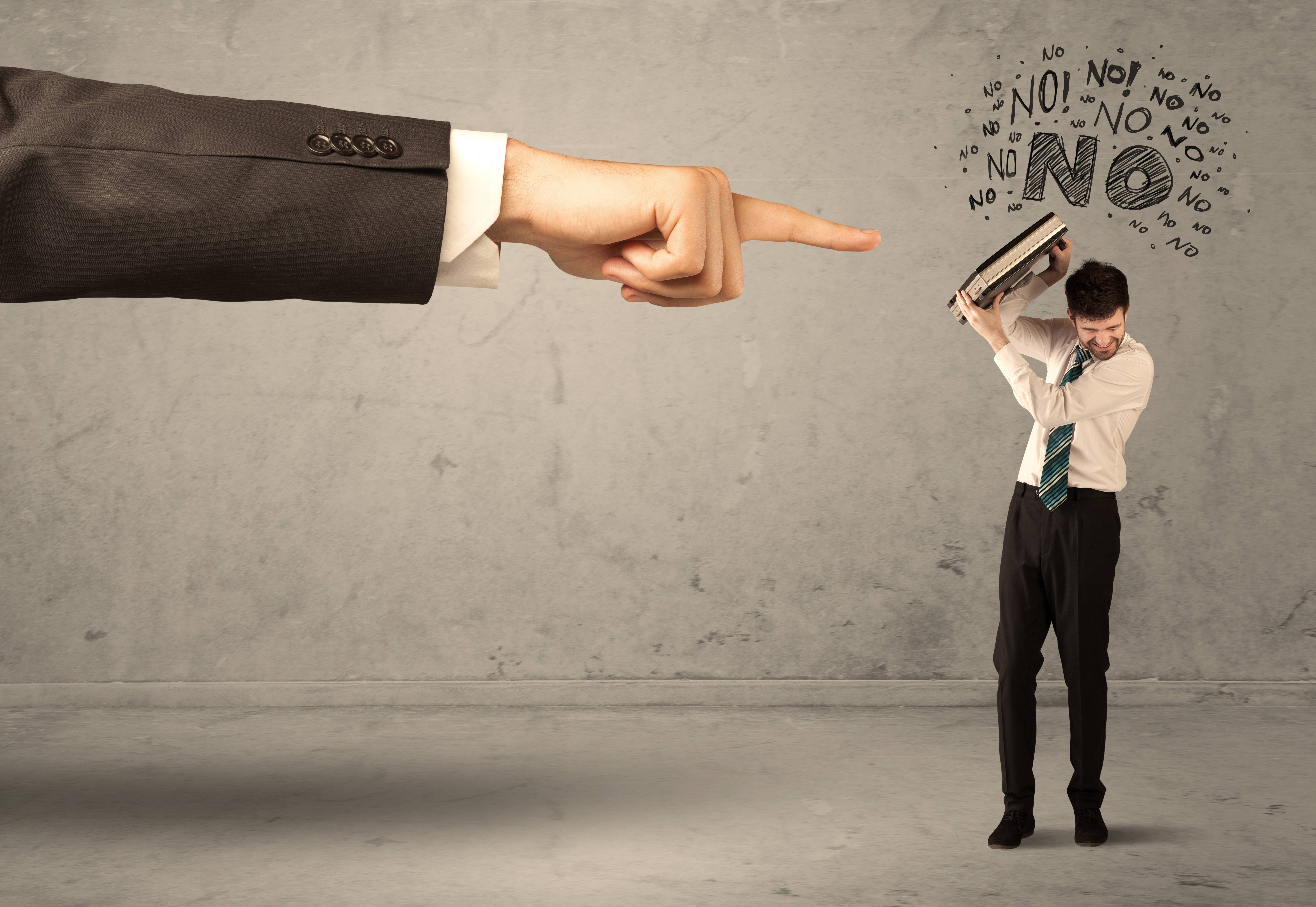 Picture of employee being told no by his boss.