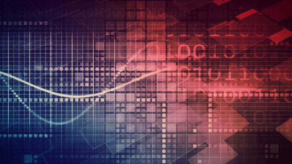 Abstract digital background with binary code and grid patterns in red and blue hues.