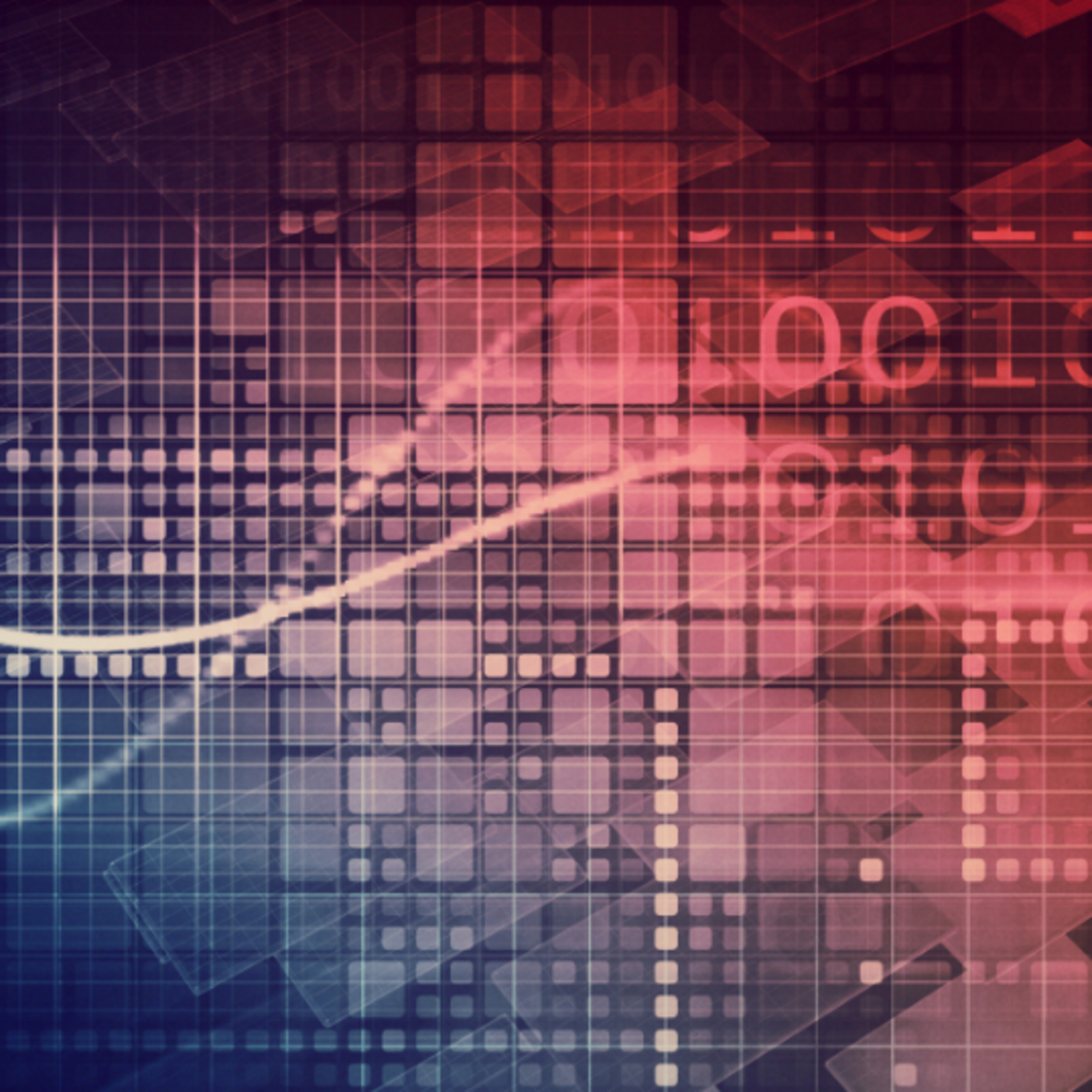 Abstract digital background with binary code and grid patterns in red and blue hues.