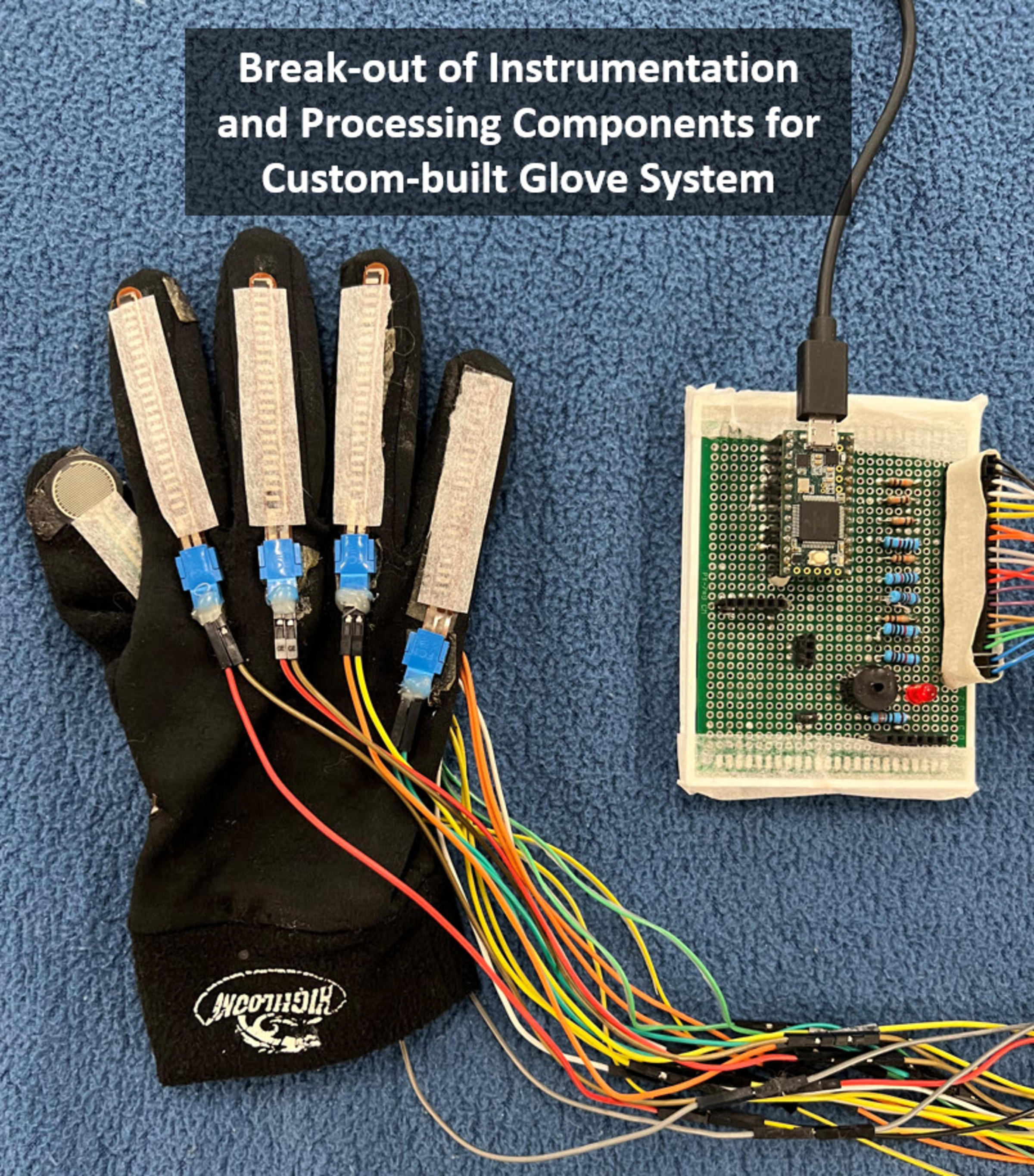 A black glove with wiring on top of every finger location, connected to a circuit board.