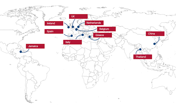 Map of world with study abroad destinations highlighted. 