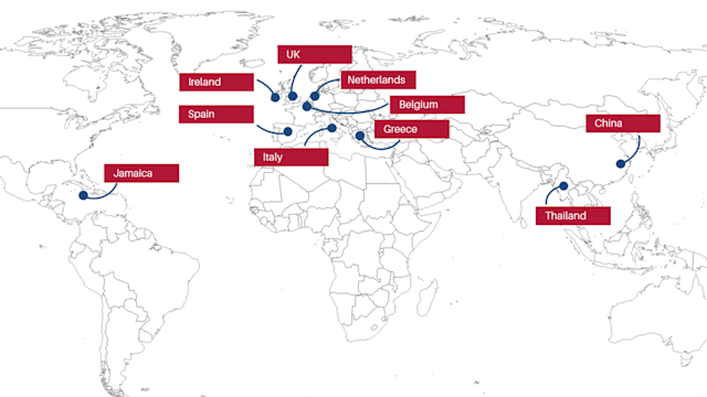 Map of world with study abroad destinations highlighted.