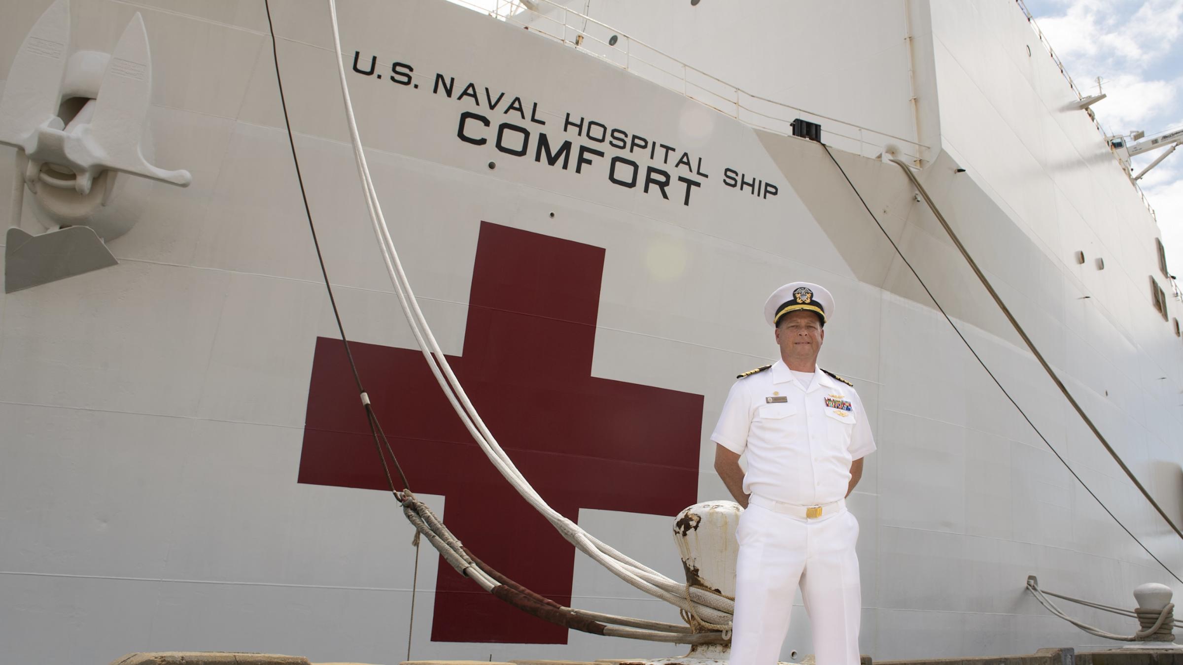 Stevens graduate Kevin Buckley outside the hospital ship Comfort