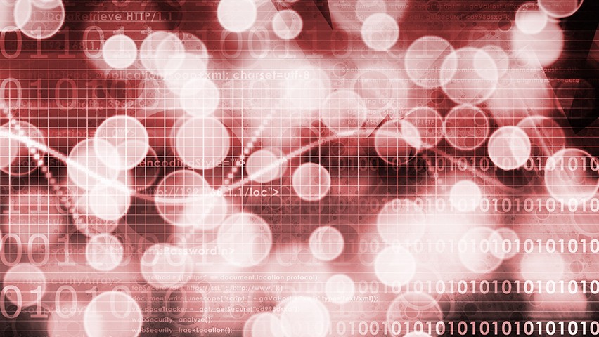 Data in a graph and binary code shown in pink and red on a dark screen.
