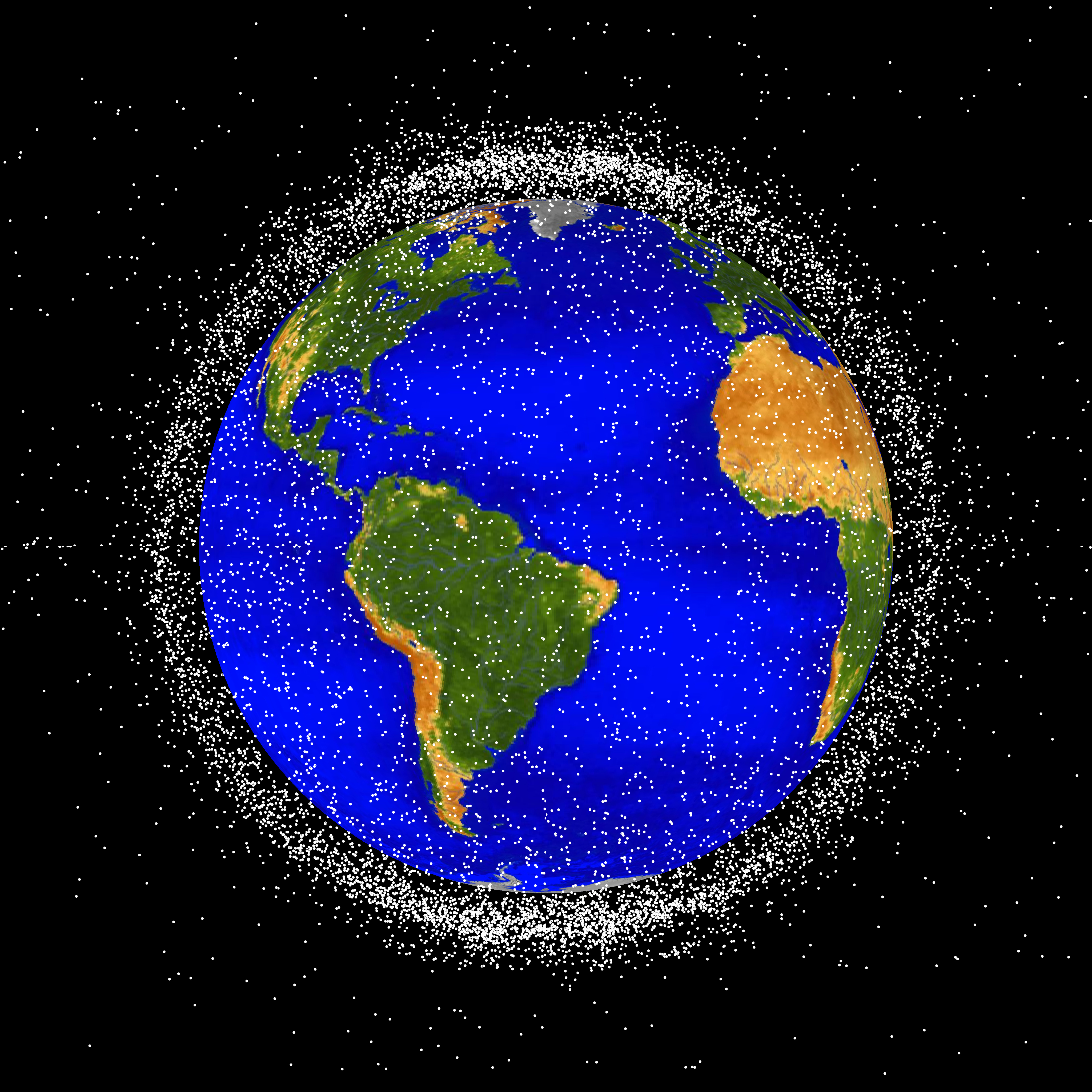 A computer-generated map of the location of space debris in Earth's lower orbit.