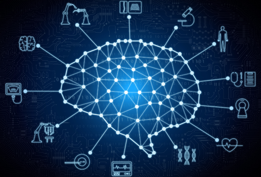 graphic of AI brain connecting to medical technology