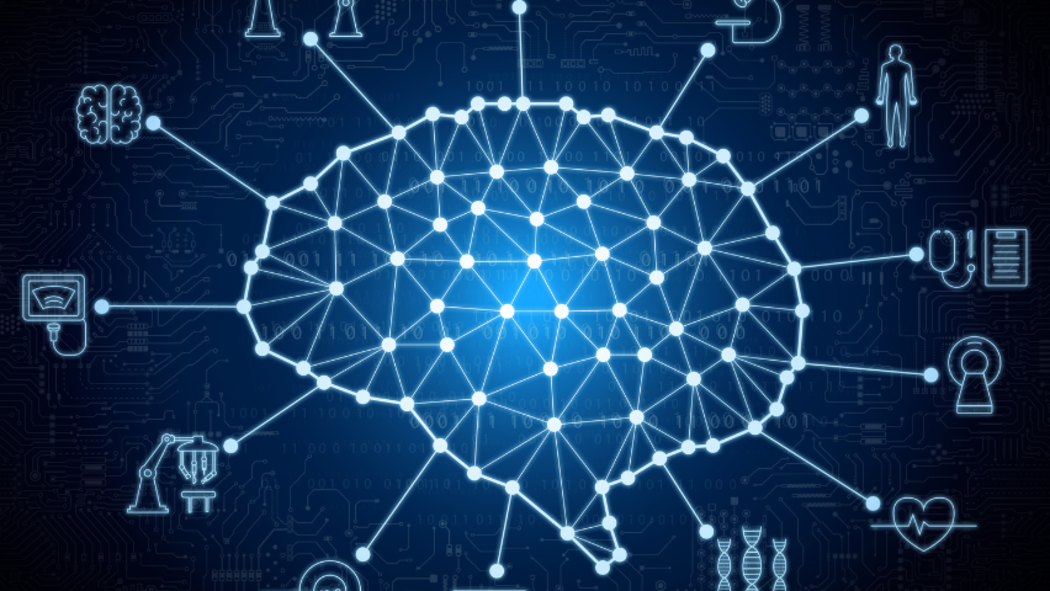 graphic of AI brain connecting to medical technology