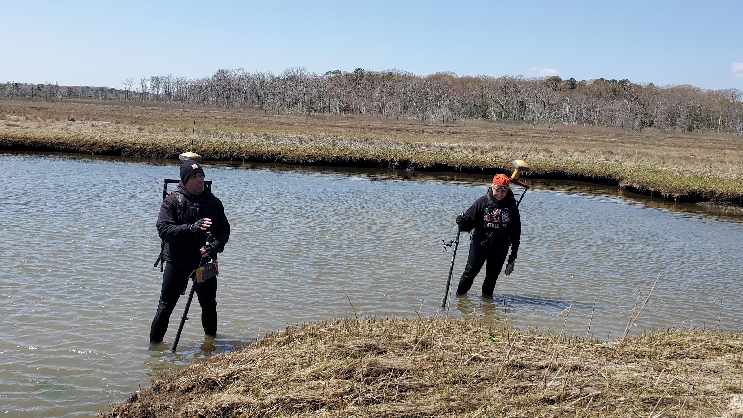 Jon Miller (left) and Laura Kerr standing in a shallow marsh with poles in the ground.
