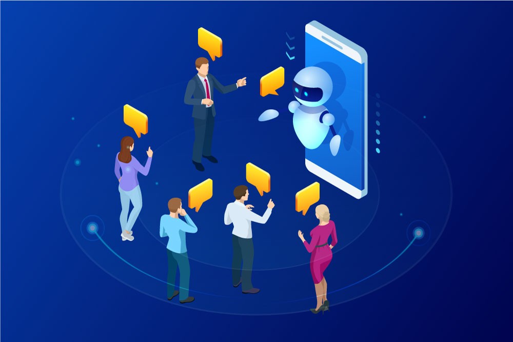 FIve men and women conversing wit a wikibot. Each person has a yellow talk balloon above their head, as does the bot. The bot is in front of an iphone.