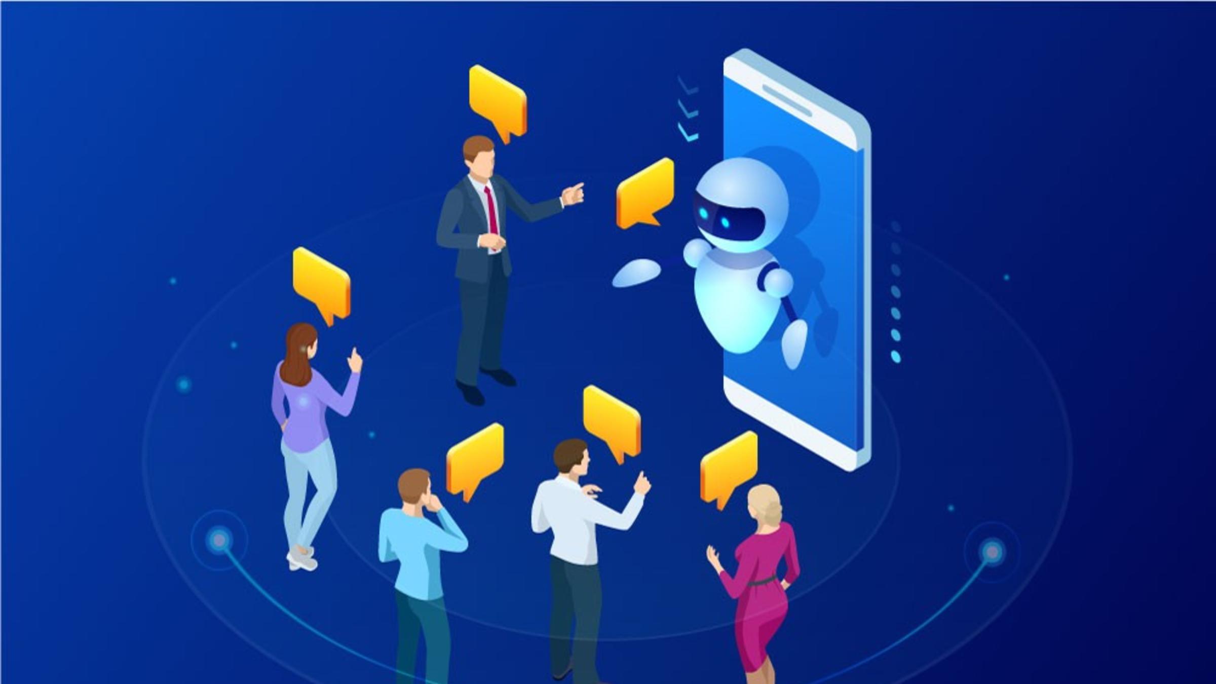 FIve men and women conversing wit a wikibot. Each person has a yellow talk balloon above their head, as does the bot. The bot is in front of an iphone.