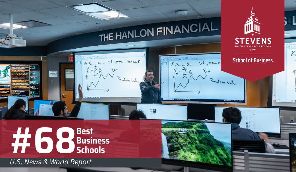 A classroom scene inside the Hanlon Financial Systems Lab. A professor is pointing to a large digital display filled with equations and charts. A red overlay at the bottom left highlights “#68 Best Business Schools – U.S. News & World Report.”