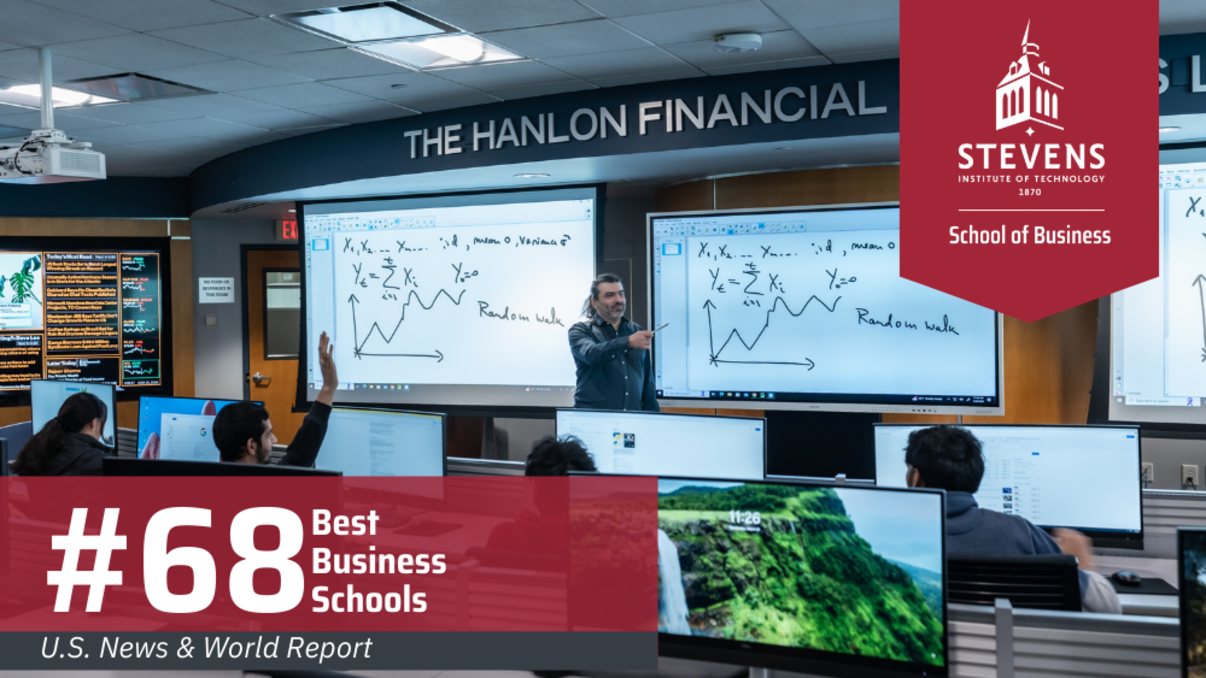 A classroom scene inside the Hanlon Financial Systems Lab. A professor is pointing to a large digital display filled with equations and charts. A red overlay at the bottom left highlights “#68 Best Business Schools – U.S. News & World Report.”