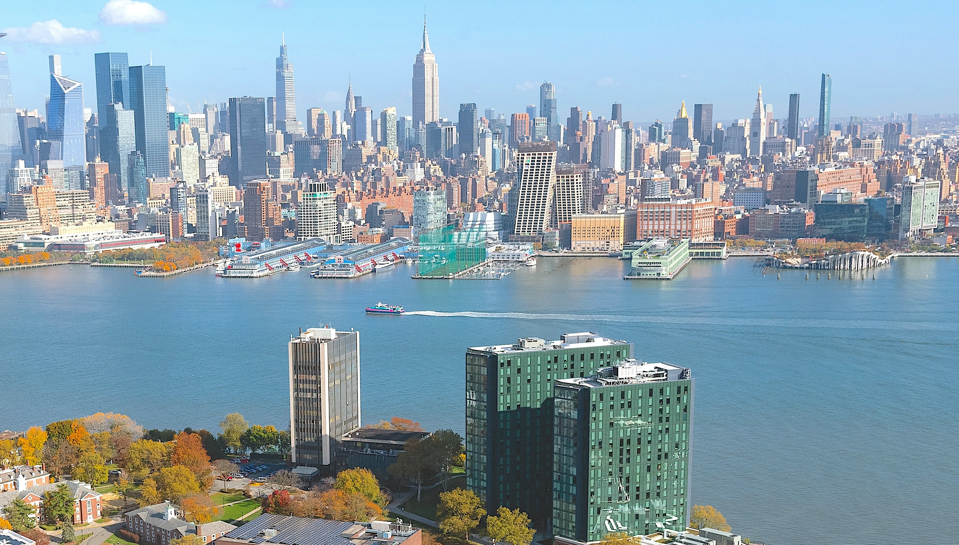 Aerial shot of Stevens campus and New york City skyline