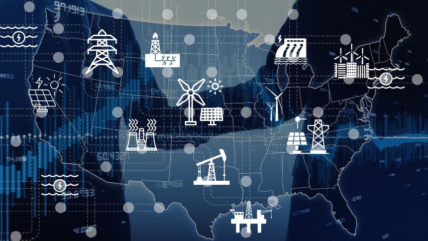 A graphic depicting a grid map of the United States overlayed with icons of different energy sources such as windmills, power plants and solar panels.