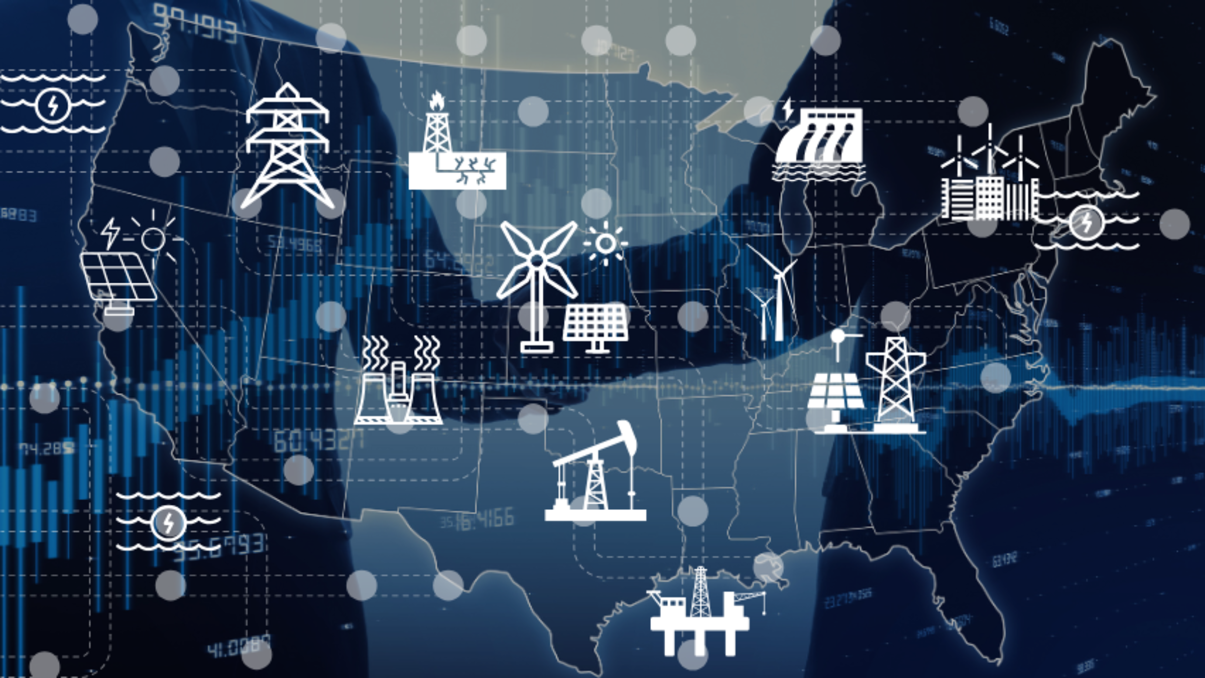 A graphic depicting a grid map of the United States overlayed with icons of different energy sources such as windmills, power plants and solar panels.
